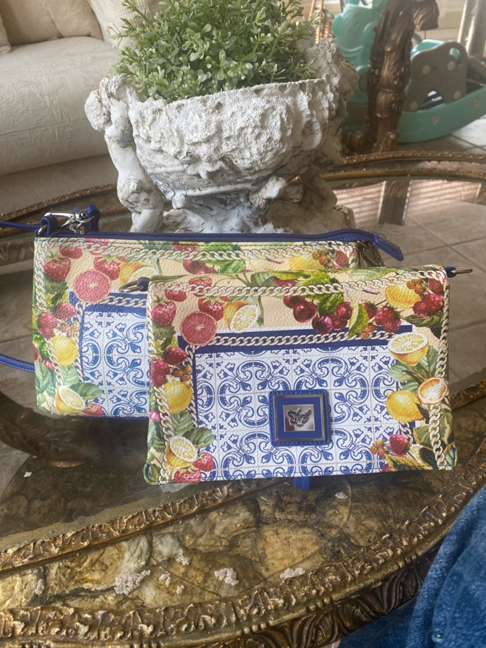 Blue & Multi Floral Tile Print Crossbody Bags